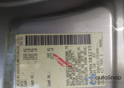 2014 Nissan Altima 2.5/2.5 S/2.5 Sl/2.5 Sv из США, поврежденный, VIN 1N4AL3AP9EN383235